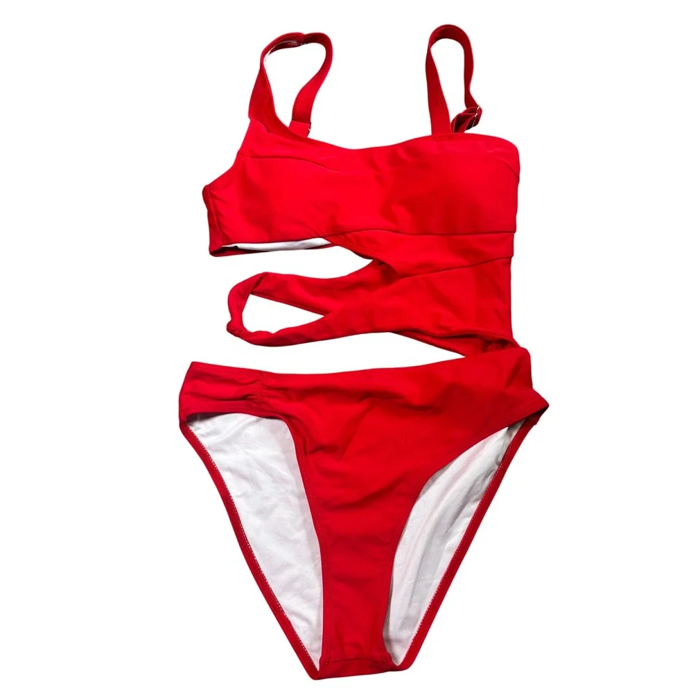 Red Cut-Out One Piece Swimsuit Monokini Adjustable Straps Knot Detail Size Small